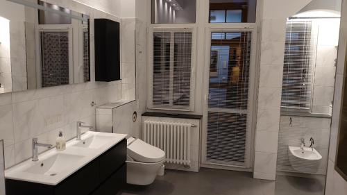 a bathroom with two sinks and a toilet and two mirrors at Ferienwohnung Freiberg, Chemnitzer Straße in Freiberg
