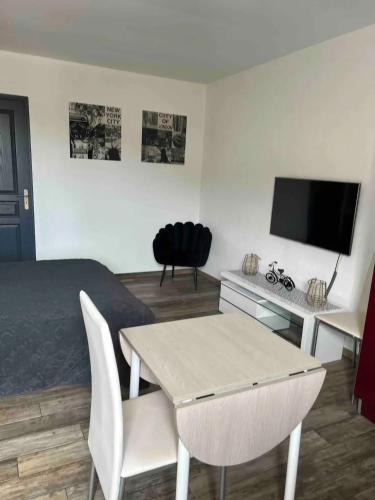 a room with a bed and a table and a tv at Charmant studio près de Sancheville - 27 m² - 2 pers in Bercis