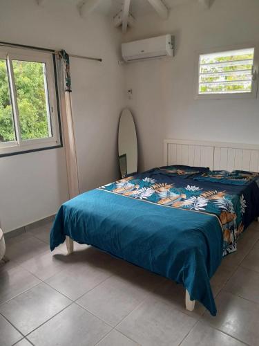 Dormitorio con cama con edredón azul y espejo en Appartement spacieux à Morne-à-l'Eau, 80 m², piscine privée, en Brion