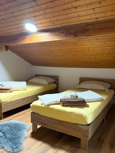 two beds in a room with wooden ceilings at Haus Harmonie in Freilassing