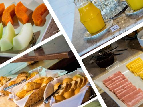 uma colagem de quatro fotos de comida e suco de laranja em Pousada Valle dos Pássaros em Penedo