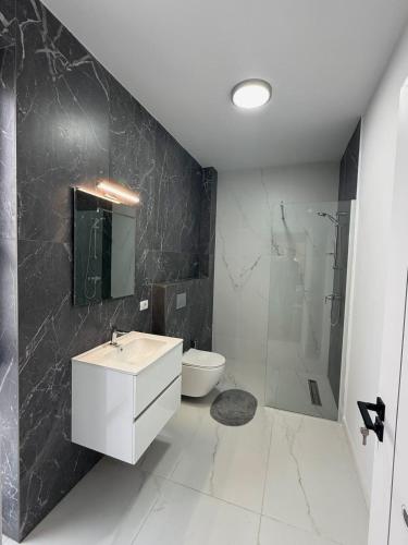 a bathroom with a sink and a toilet and a shower at No5District Luxury Stay in Craiova