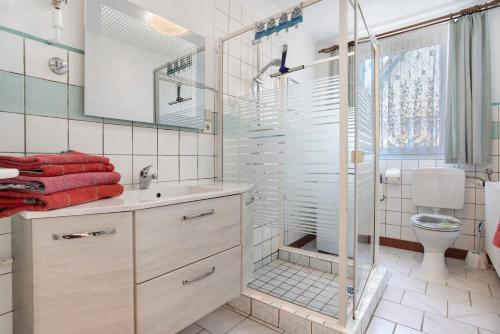 a bathroom with a shower and a sink and a toilet at Haus Frieda in Ostseebad Koserow