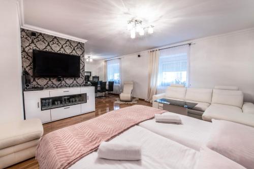 Un dormitorio con una cama grande y una sala de estar. en Apartament Europa, en Kruszyn