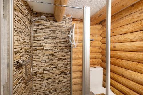 a bathroom with a stone wall at Chalet am See in Bad Brambach