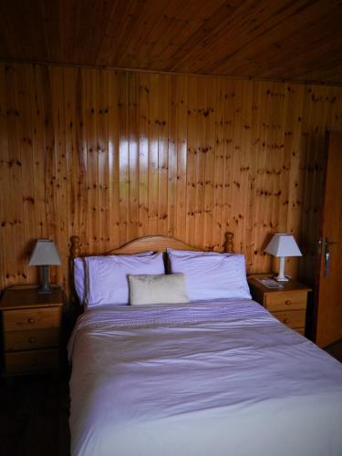 a bedroom with a large bed with wooden walls at Doolin House in Doolin