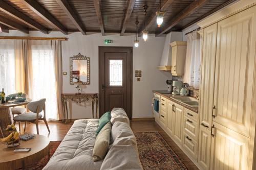 ein Wohnzimmer mit Couch und Küche in der Unterkunft illia in Maroneia