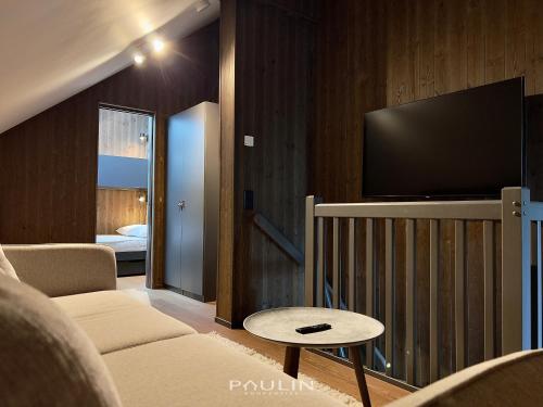 ein Wohnzimmer mit Flachbildfernseher und Kinderbett in der Unterkunft Lindvallen Ski Resort Pool and Padel - Sauna - 6 Guests in Sälen