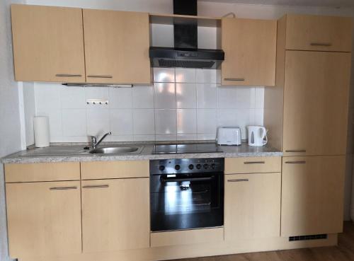 cocina con armarios de madera, fogones y fregadero en Haus 21, en Bad Nenndorf