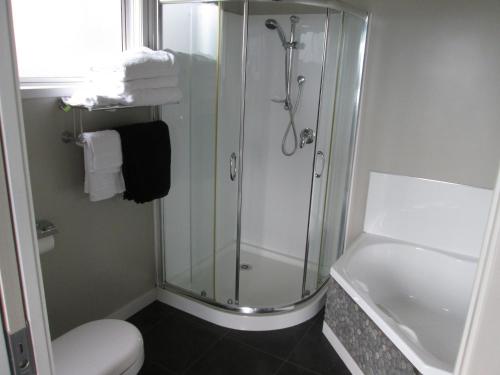 a bathroom with a shower and a toilet at Beach side Apartment Nelson in Nelson