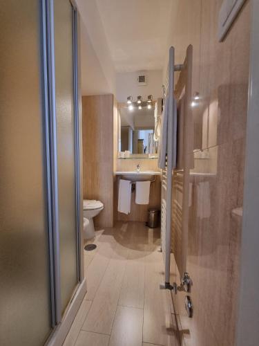 a bathroom with a shower and a sink and a toilet at Hotel Virgilio in Orvieto