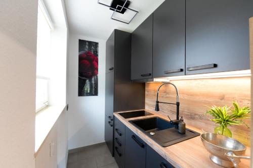 a kitchen with black cabinets and a sink at Appartement Schwarzwald-Living in Baiersbronn