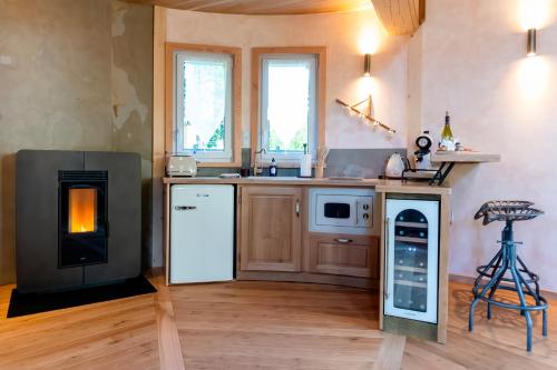 een keuken met een fornuis en een fornuis bovenste oven bij Le Silo du Domaine des Ecus d'Or in Veuvey-sur-Ouche