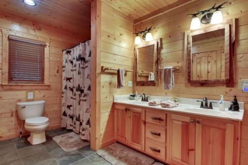 a log cabin bathroom with a toilet and a sink at Astounding River View - Outdoor Hot Tub, Volleyball Net, Game Room + More! in Copperhill