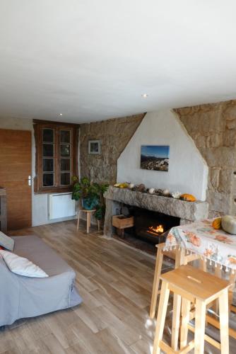Appartement vue imprenable montagne في Serra-di-Scopamene: غرفة معيشة مع موقد حجري وأريكة