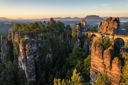 a view of the bastei bridge andzi mountains at Elbflorenz in Bad Schandau