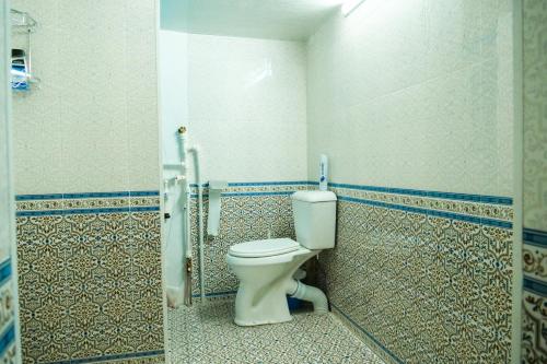 a bathroom with a white toilet in a stall at Silk Road Guest House in Bukhara