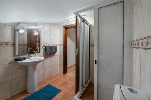 a bathroom with a sink and a toilet and a shower at OurMadeira - Ponta do Sol SeaView in Relógio do Poiso