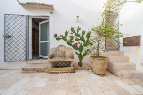 an entrance to a house with a chair and a potted plant at Amazing Apartment Alla Corte with pool and sauna in Taurisano