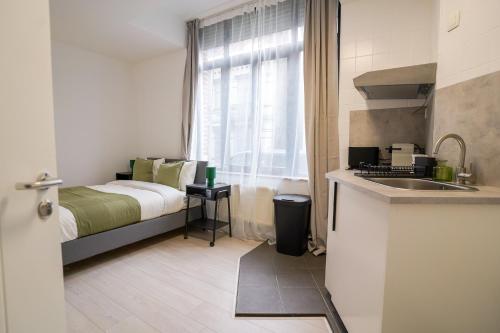 een kleine keuken met een bed en een wastafel in een kamer bij Cinquantenaire 1 in Brussel