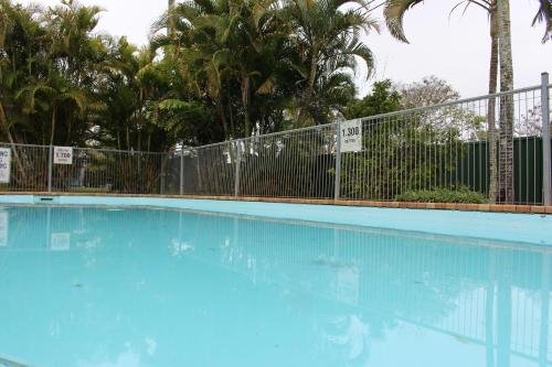a blue swimming pool with a fence and palm trees at Huntsville Caravan Park in Maryborough