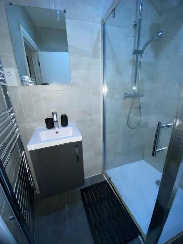 a bathroom with a shower and a sink and a toilet at Luxe Apartment in Croydon