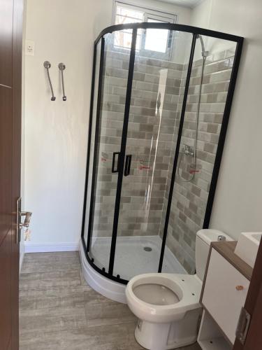 een badkamer met douche en toilet bij Porfiado in La Paloma