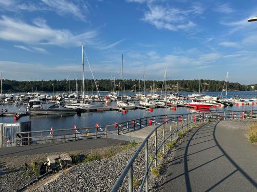 ストックホルムにあるBright and modern studio with a great locationの水中の船がたくさんあるマリーナ