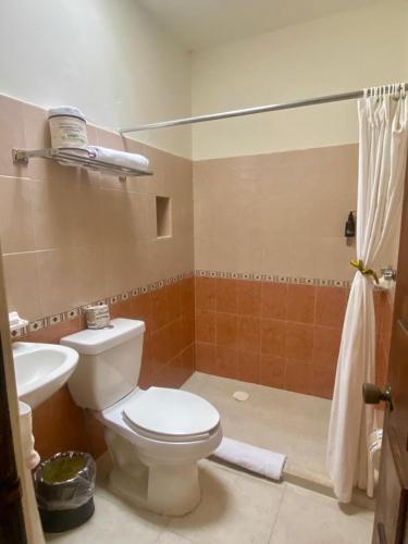 a bathroom with a toilet and a sink at Hotel Misión Campeche in Campeche