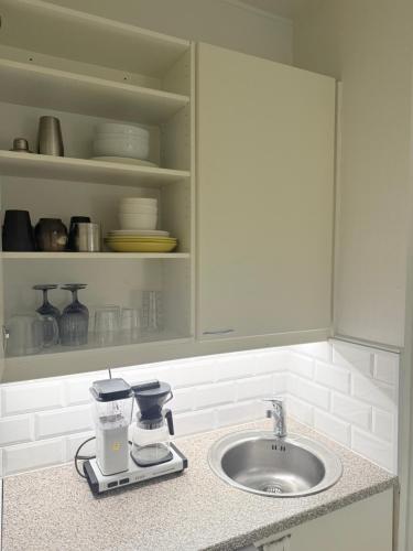 a kitchen counter with a mixer and a sink at Comfortable two-room apartment in the city center in Kemi