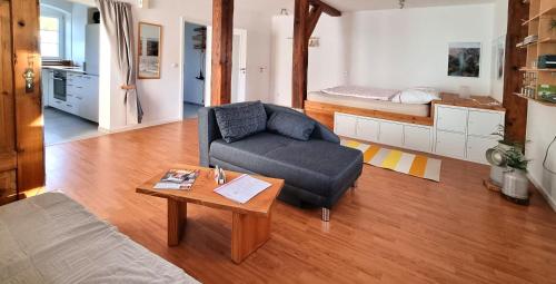 a living room with a couch and a table at Sinsheim Ferienwohnung in Sinsheim