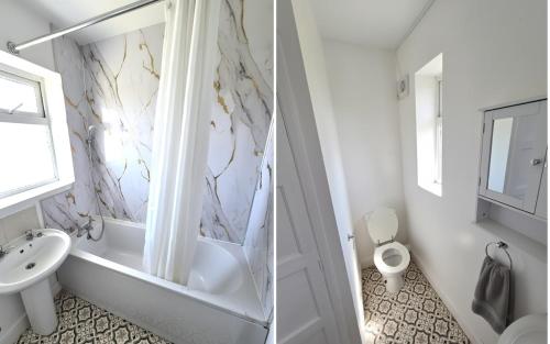 une salle de bain avec une baignoire, des toilettes et un lavabo dans l'établissement Lovely 4 Bed Dudley Home, à Sedgley