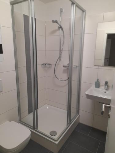 a shower in a bathroom with a toilet and a sink at Boardinghaus Waldesruh in Lohne
