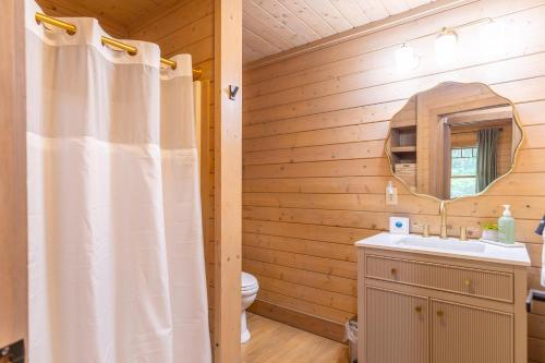 a bathroom with a shower curtain and a sink at Queen Ridge Cabin in West Jefferson