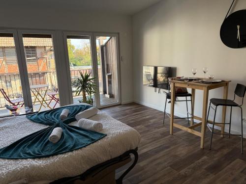 Postel nebo postele na pokoji v ubytování Studio lumineux avec terrasse