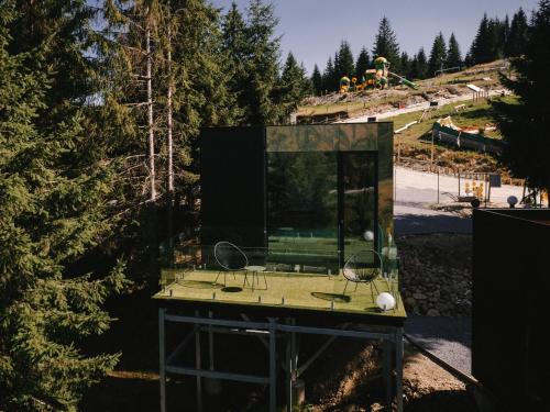 a glass house on a table in the woods at Oxygen Resort Cabin Hotels Lacu Rosu in Lacu Roşu