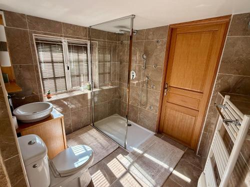 a bathroom with a shower and a toilet and a sink at Le Coin Tranquille in La Roque-Gageac
