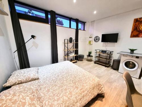 a bedroom with a bed and a tv in it at Studio avec terrasse in Elbeuf