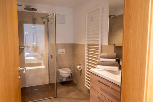 a bathroom with a toilet and a glass shower at Schweinsteghof Urlaub auf dem Bauernhof in Sarntal