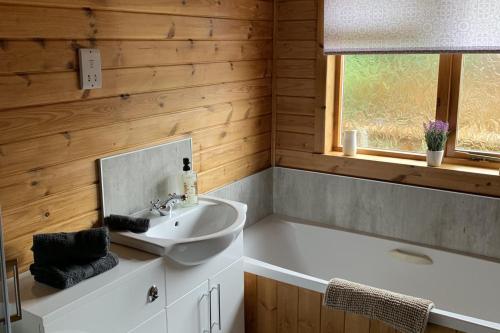 un baño con lavabo y bañera en Teviot Lodge - Sleeps 6 - Pets - River Views, en Hawick