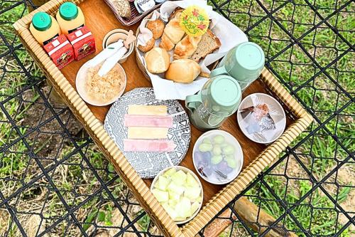un panier de pique-nique rempli de nourriture et de boissons sur l'herbe dans l'établissement Tahaa Pousada Boutique, à Ilhabela