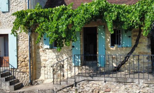 a house with a blue door and a tree at Le Coin Tranquille in La Roque-Gageac
