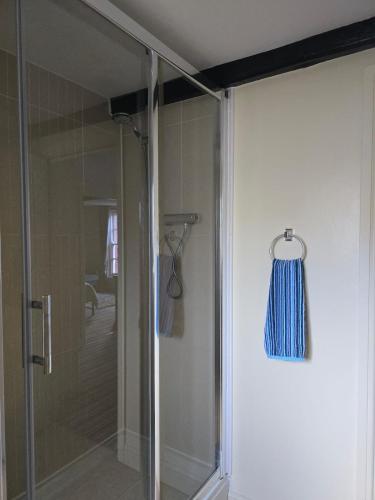 a shower with a glass door with a blue curtain at Family room 2 - The Unicorn Hotel in Llanidloes