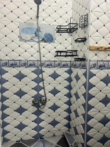a bathroom with a shower with blue and white tiles at Casa Youssef 1 in Asilah