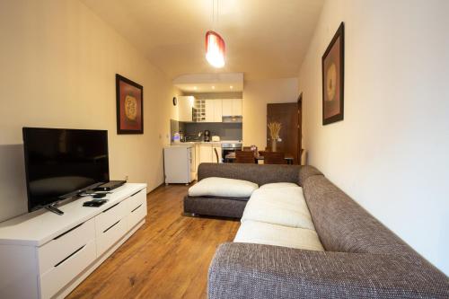 a living room with a couch and a flat screen tv at Cozy and warm apartment with a separate bedroom in Bansko