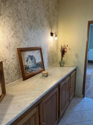 a counter in a room with a picture on the wall at Maison de campagne Lac de Vouglans in Onoz