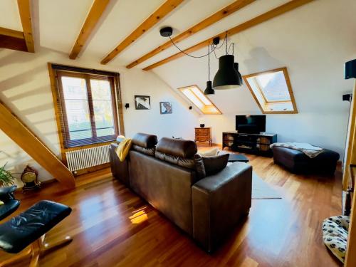 Una sala de estar con un sofá de cuero y un televisor. en Chez Pierre et Fabienne, en Le Locle