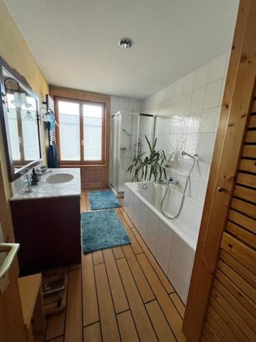 a bathroom with a tub and a sink and a bath tub at Chez Pierre et Fabienne in Le Locle
