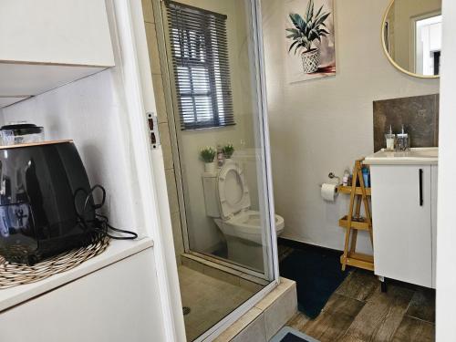 a bathroom with a toilet and a tv in a room at The Little Haven in Midrand