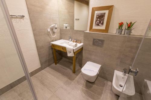a bathroom with a toilet and a sink and a shower at Sichlański Dworek & SPA in Murzasichle